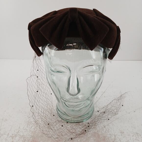 Vintage Women’s Brown Hats Lot of 2 Veiled Fascinator Velvet Pillbox Mid Century main image 7